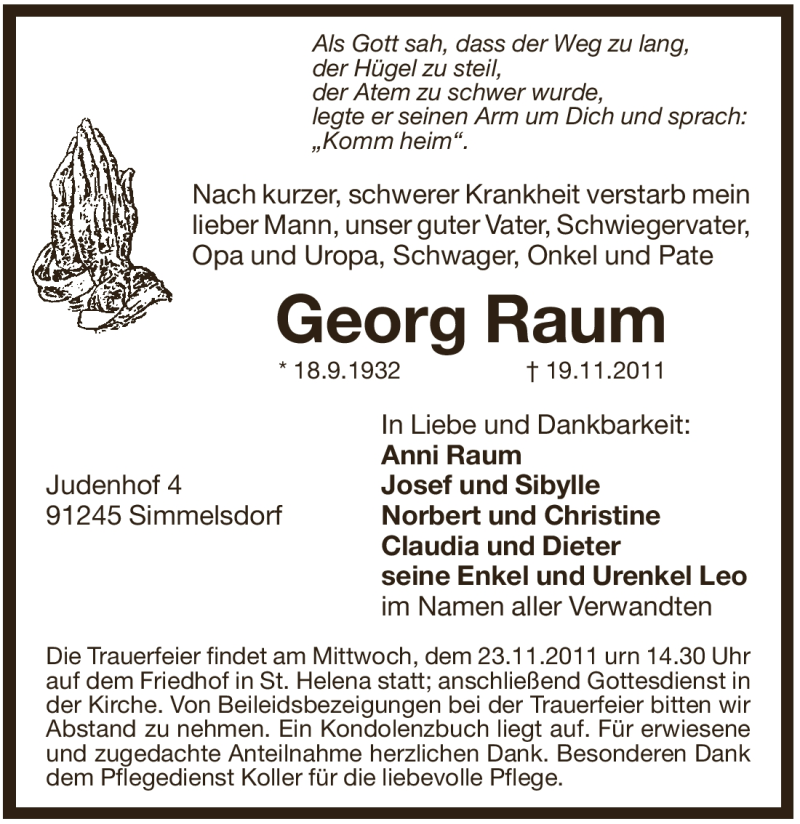  Traueranzeige für Georg Raum vom 22.11.2011 aus Pegnitz-Zeitung